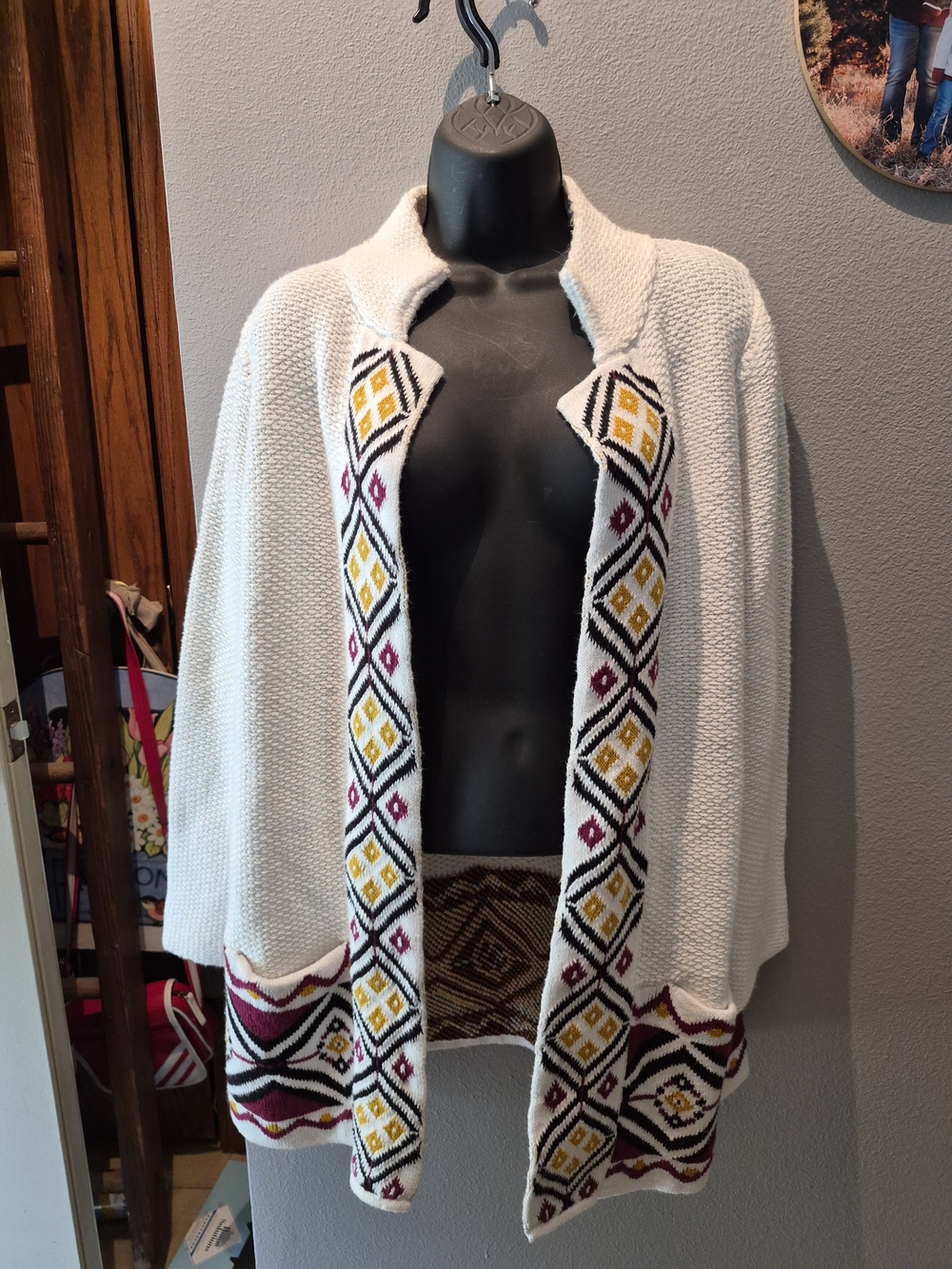 Old Navy Cream Open-Front Cardigan with Yellow and Burgundy Geometric Trim